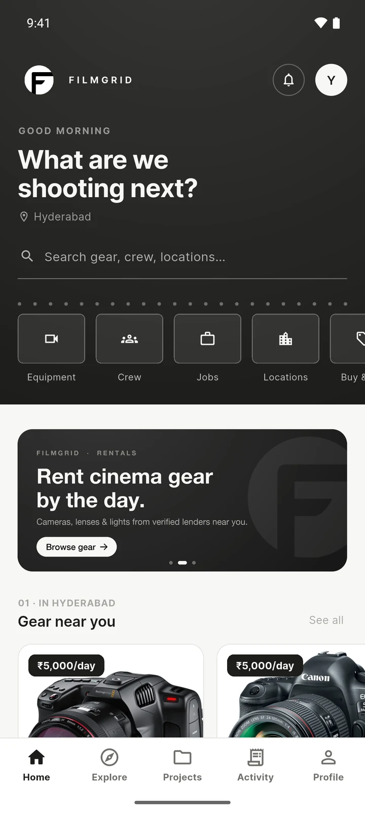 FilmGrid app home screen: search, categories for equipment, crew, jobs and locations, and gear near you